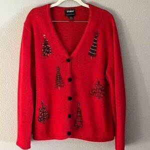 Studio Joy Women's Vintage  Button Down Red Christmas Sweater Size L